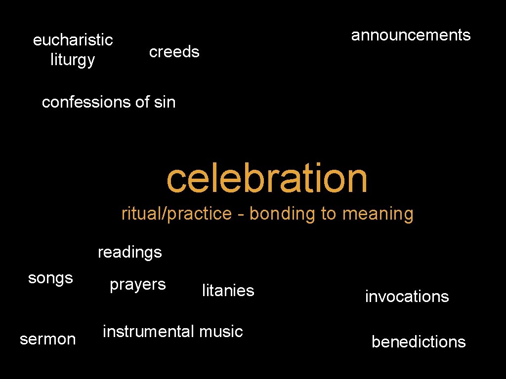 eucharistic liturgy announcements creeds confessions of sin celebration ritual/practice - bonding to meaning readings