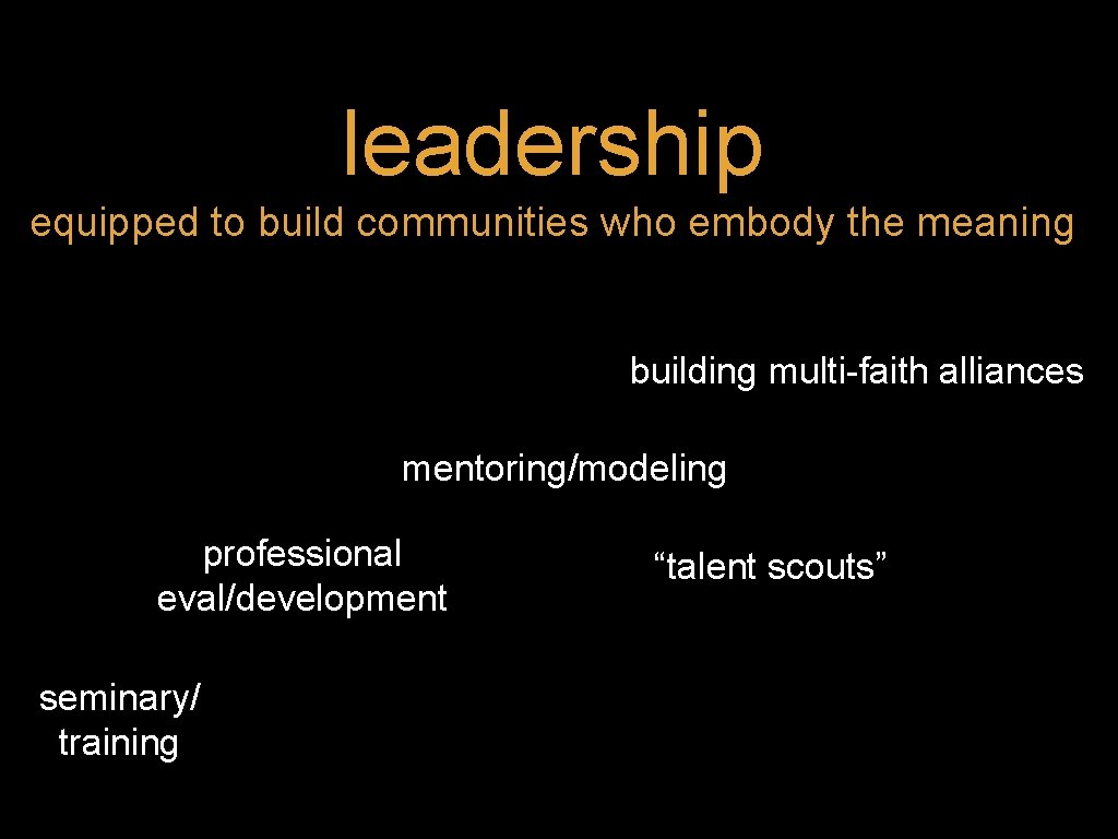 leadership equipped to build communities who embody the meaning building multi-faith alliances mentoring/modeling professional