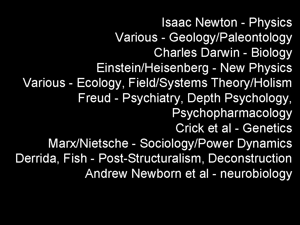 Isaac Newton - Physics Various - Geology/Paleontology Charles Darwin - Biology Einstein/Heisenberg - New