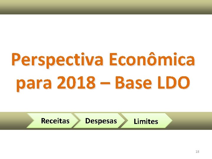 Perspectiva Econômica para 2018 – Base LDO Receitas Despesas Limites 18 Perspectiva Econômica para 2018 – Base LDO Receitas Despesas Limites 18
