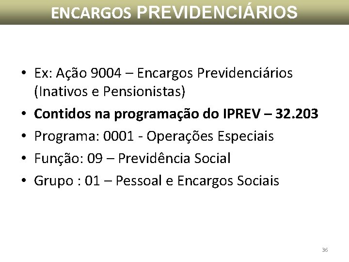 ENCARGOS PREVIDENCIÁRIOS • Ex: Ação 9004 – Encargos Previdenciários (Inativos e Pensionistas) • Contidos ENCARGOS PREVIDENCIÁRIOS • Ex: Ação 9004 – Encargos Previdenciários (Inativos e Pensionistas) • Contidos