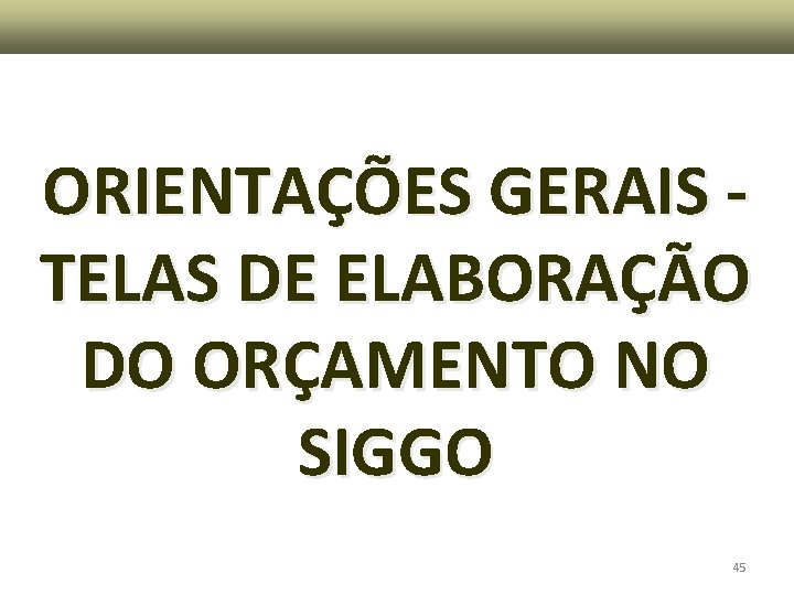 ORIENTAÇÕES GERAIS - TELAS DE ELABORAÇÃO DO ORÇAMENTO NO SIGGO 45 ORIENTAÇÕES GERAIS - TELAS DE ELABORAÇÃO DO ORÇAMENTO NO SIGGO 45