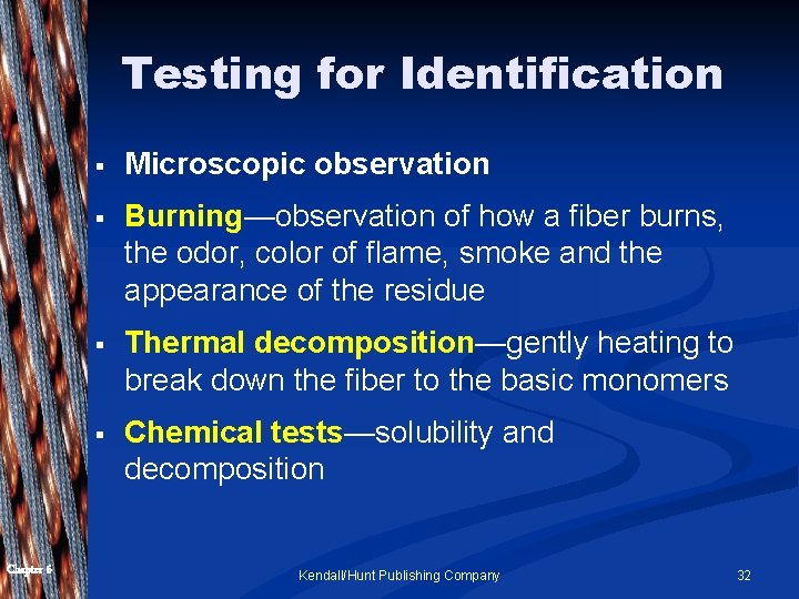 Testing for Identification Chapter 6 § Microscopic observation § Burning—observation of how a fiber