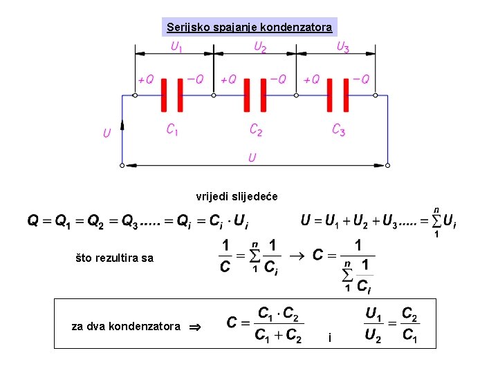 Serijsko spajanje kondenzatora vrijedi slijedeće što rezultira sa za dva kondenzatora i 