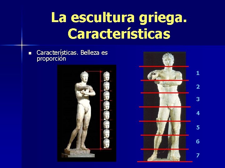 La escultura griega. Características n Características. Belleza es proporción 1 2 3 4 5