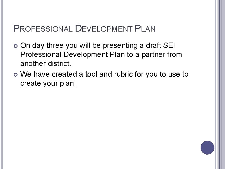 PROFESSIONAL DEVELOPMENT PLAN On day three you will be presenting a draft SEI Professional