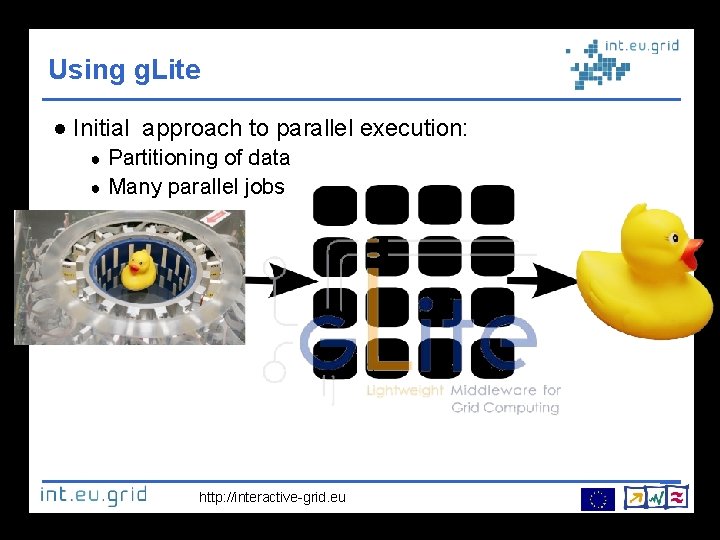 Using g. Lite Initial approach to parallel execution: Partitioning of data ● Many parallel
