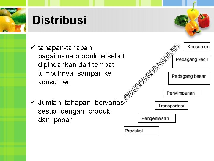 Distribusi ü tahapan-tahapan bagaimana produk tersebut dipindahkan dari tempat tumbuhnya sampai ke konsumen ü