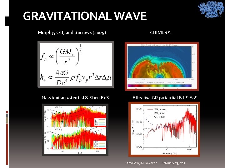 GRAVITATIONAL WAVE Murphy, Ott, and Burrows (2009) Newtonian potential & Shen Eo. S CHIMERA GRAVITATIONAL WAVE Murphy, Ott, and Burrows (2009) Newtonian potential & Shen Eo. S CHIMERA