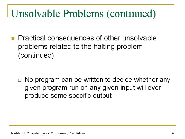 Unsolvable Problems (continued) n Practical consequences of other unsolvable problems related to the halting Unsolvable Problems (continued) n Practical consequences of other unsolvable problems related to the halting