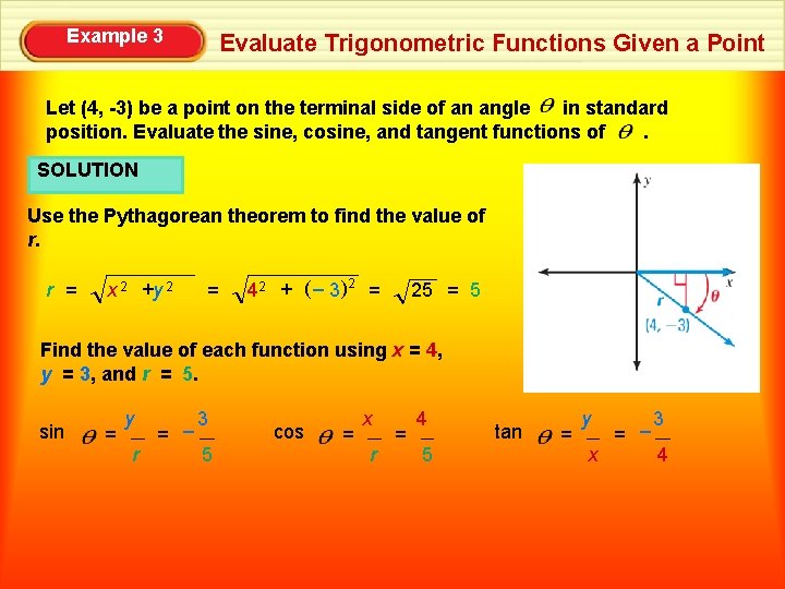 Example 3 Evaluate Trigonometric Functions Given a Point Let (4, -3) be a point
