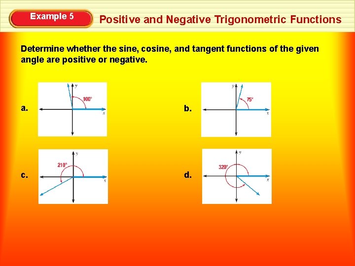 Example 5 Positive and Negative Trigonometric Functions Determine whether the sine, cosine, and tangent