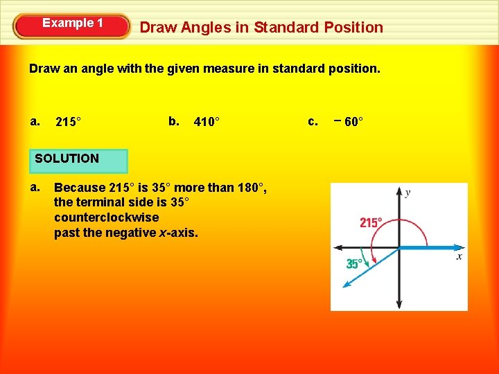 Example 1 Draw Angles in Standard Position Draw an angle with the given measure