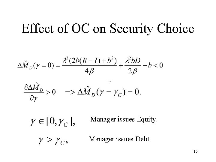 Effect of OC on Security Choice Manager issues Equity. Manager issues Debt. 15 Effect of OC on Security Choice Manager issues Equity. Manager issues Debt. 15