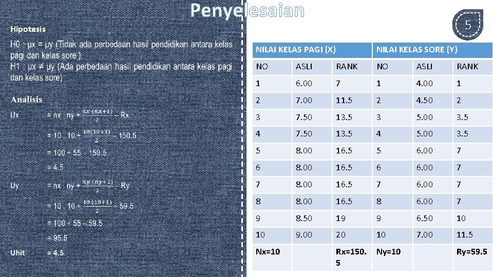 Penyelesaian 5 Hipotesis NILAI KELAS PAGI (X) NILAI KELAS SORE (Y) NO ASLI RANK