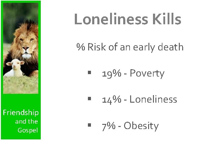 Loneliness Kills % Risk of an early death § 19% - Poverty § 14%