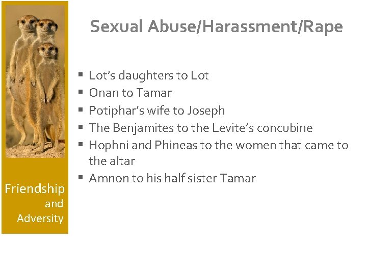 Sexual Abuse/Harassment/Rape Lot’s daughters to Lot Onan to Tamar Potiphar’s wife to Joseph The