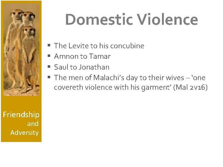 Domestic Violence § § Friendship and Adversity The Levite to his concubine Amnon to