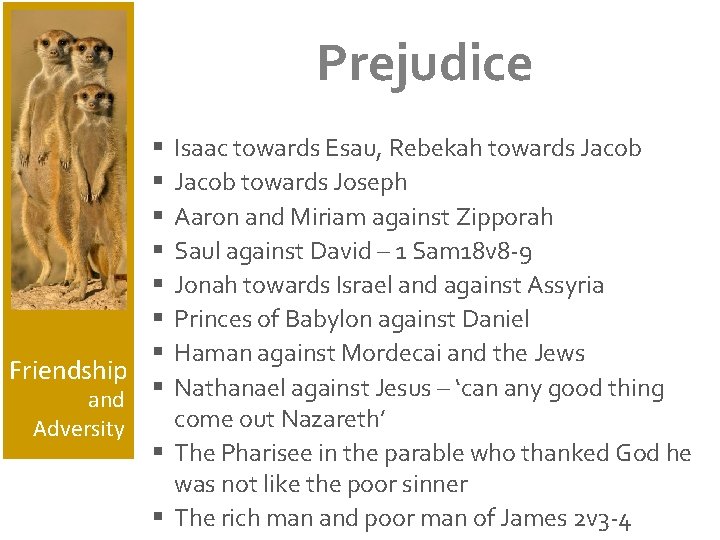 Prejudice Isaac towards Esau, Rebekah towards Jacob towards Joseph Aaron and Miriam against Zipporah