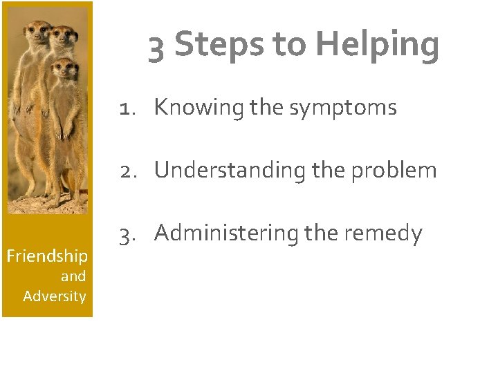 3 Steps to Helping 1. Knowing the symptoms 2. Understanding the problem Friendship and