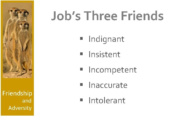 Job’s Three Friends § Indignant § Insistent § Incompetent Friendship and Adversity § Inaccurate