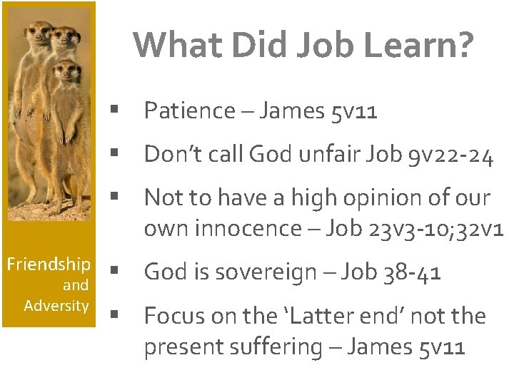 What Did Job Learn? § Patience – James 5 v 11 § Don’t call