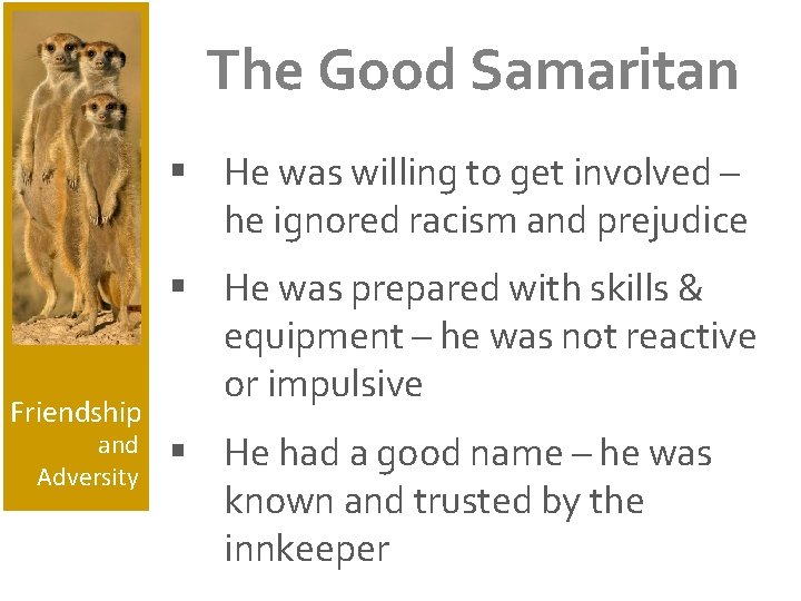 The Good Samaritan § He was willing to get involved – he ignored racism