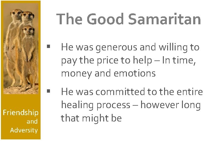 The Good Samaritan § He was generous and willing to pay the price to