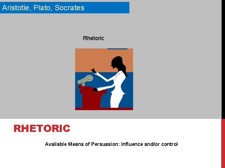 Aristotle, Plato, Socrates Rhetoric RHETORIC Available Means of Persuasion: Influence and/or control 