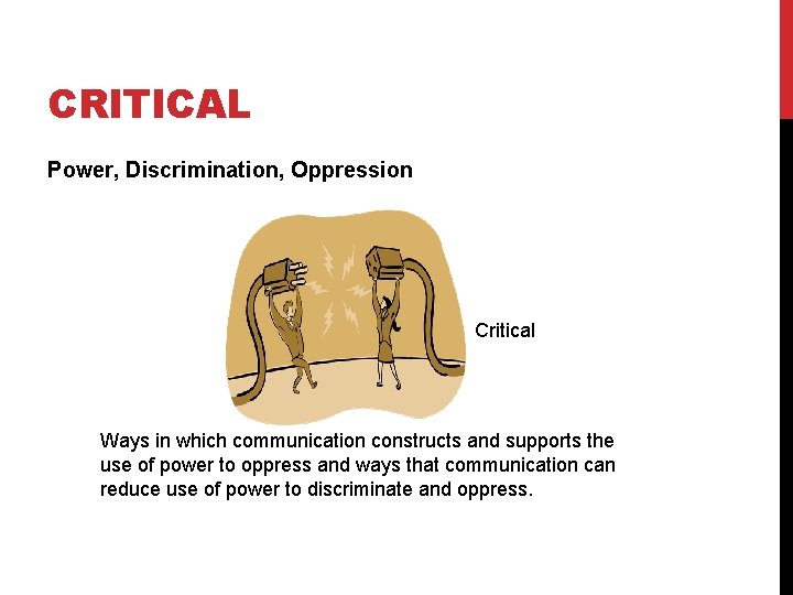 CRITICAL Power, Discrimination, Oppression Critical Ways in which communication constructs and supports the use