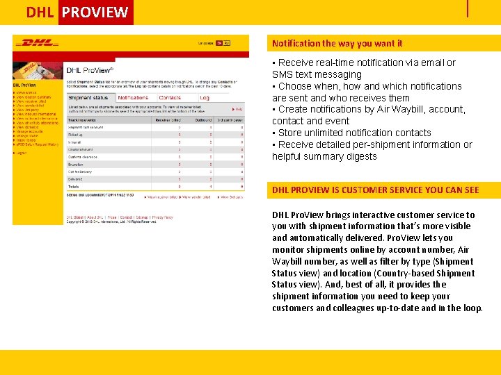 DHL PROVIEW Notification the way you want it • Receive real-time notification via email