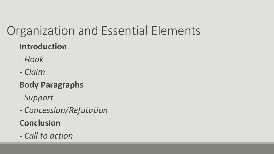 Organization and Essential Elements Introduction - Hook - Claim Body Paragraphs - Support -