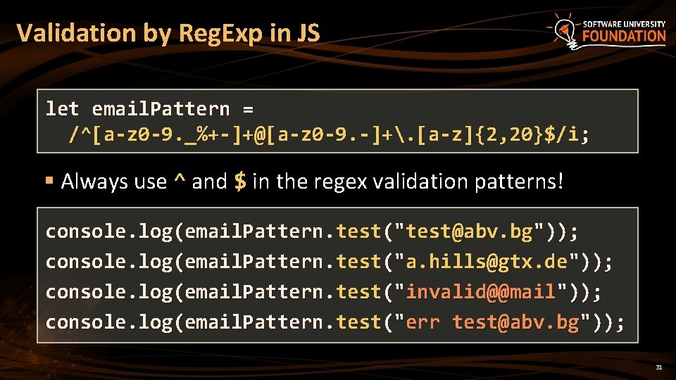 Validation by Reg. Exp in JS let email. Pattern = /^[a-z 0 -9. _%+-]+@[a-z