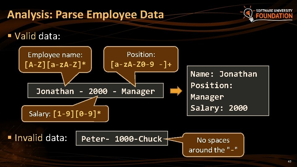 Analysis: Parse Employee Data § Valid data: Employee name: [A-Z][a-z. A-Z]* Position: [a-z. A-Z