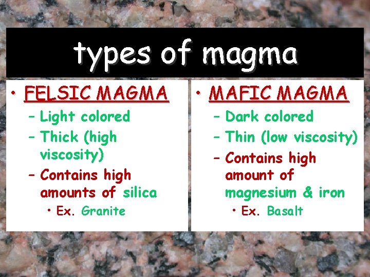 types of magma • FELSIC MAGMA – Light colored – Thick (high viscosity) –