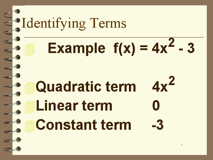 Identifying Terms 2 4 Example f(x) = 4 x - 3 4 Quadratic term