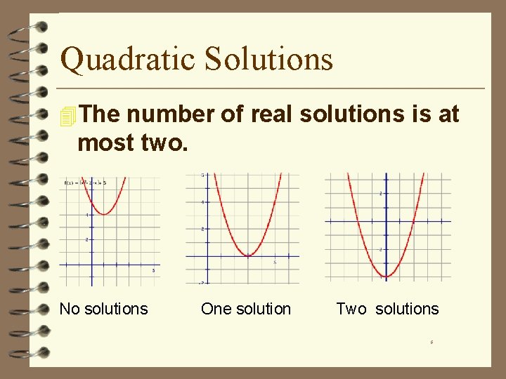 Quadratic Solutions 4 The number of real solutions is at most two. No solutions