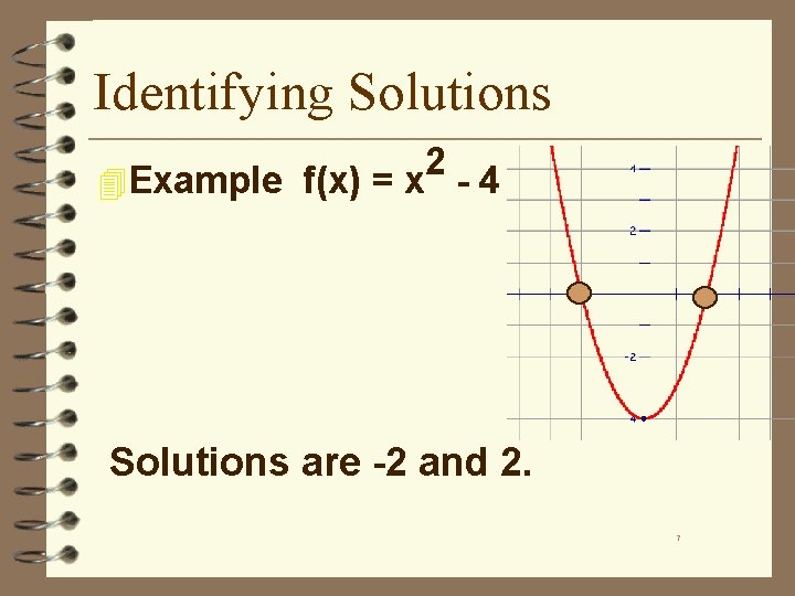 Identifying Solutions 2 4 Example f(x) = x - 4 Solutions are -2 and