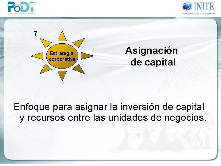 7 Estrategia corporativa Asignación de capital Enfoque para asignar la inversión de capital y