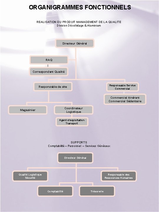 ORGANIGRAMMES FONCTIONNELS REALISATION DU PRODUIT MANAGEMENT DE LA QUALITE Division Décolletage & Aluminium Directeur ORGANIGRAMMES FONCTIONNELS REALISATION DU PRODUIT MANAGEMENT DE LA QUALITE Division Décolletage & Aluminium Directeur