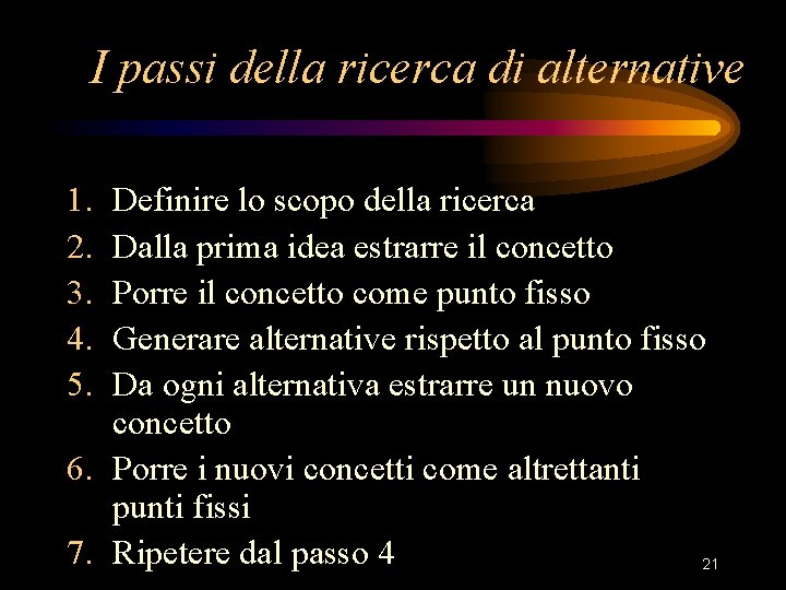I passi della ricerca di alternative 1. 2. 3. 4. 5. Definire lo scopo I passi della ricerca di alternative 1. 2. 3. 4. 5. Definire lo scopo