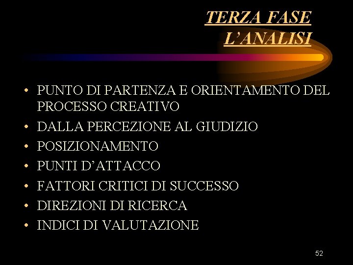 TERZA FASE L’ANALISI • PUNTO DI PARTENZA E ORIENTAMENTO DEL PROCESSO CREATIVO • DALLA TERZA FASE L’ANALISI • PUNTO DI PARTENZA E ORIENTAMENTO DEL PROCESSO CREATIVO • DALLA