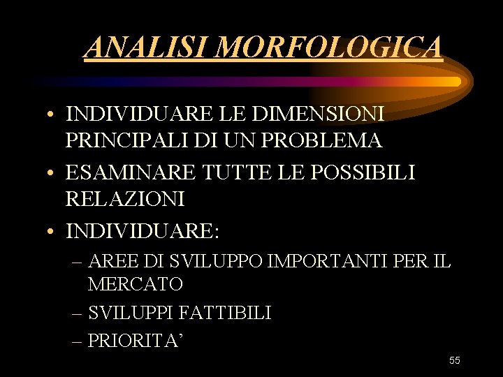 ANALISI MORFOLOGICA • INDIVIDUARE LE DIMENSIONI PRINCIPALI DI UN PROBLEMA • ESAMINARE TUTTE LE ANALISI MORFOLOGICA • INDIVIDUARE LE DIMENSIONI PRINCIPALI DI UN PROBLEMA • ESAMINARE TUTTE LE