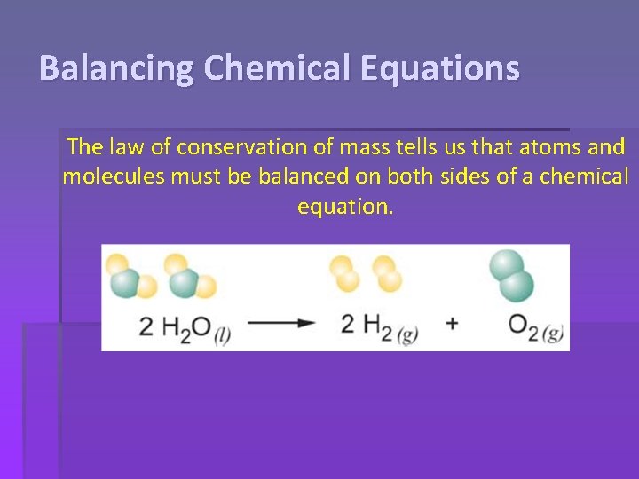 Balancing Chemical Equations The law of conservation of mass tells us that atoms and