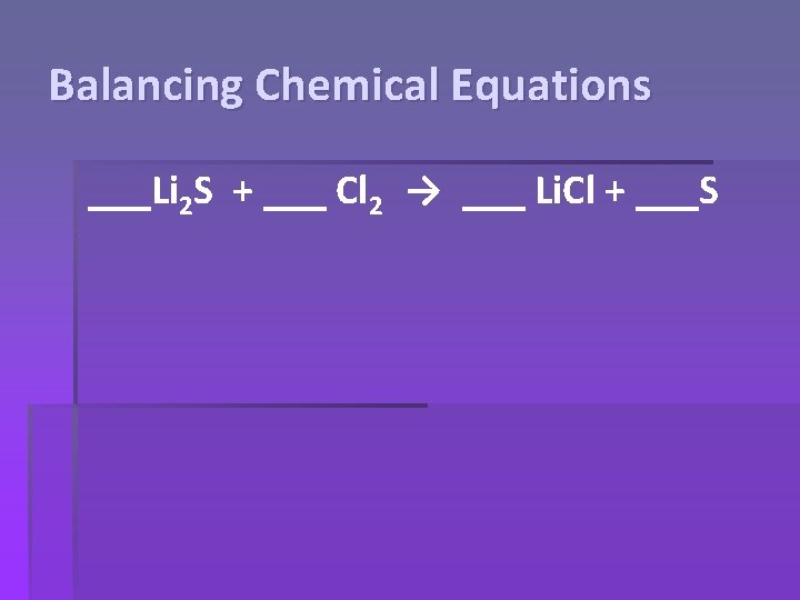 Balancing Chemical Equations ___Li 2 S + ___ Cl 2 → ___ Li. Cl