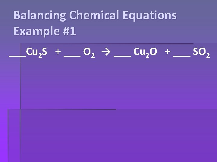 Balancing Chemical Equations Example #1 ___Cu 2 S + ___ O 2 → ___