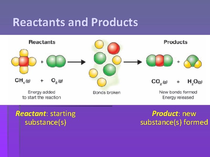 Reactants and Products Reactant: starting substance(s) Product: new substance(s) formed 