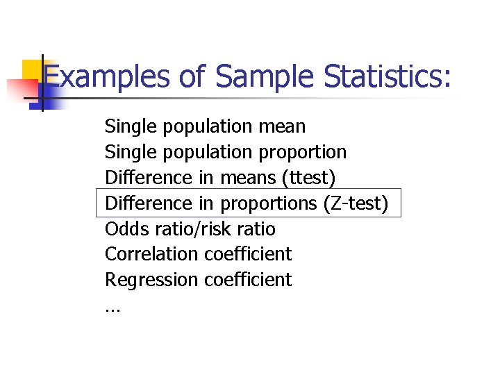 Examples of Sample Statistics: Single population mean Single population proportion Difference in means (ttest)