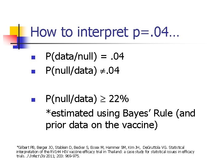 How to interpret p=. 04… n n n P(data/null) =. 04 P(null/data) 22% *estimated