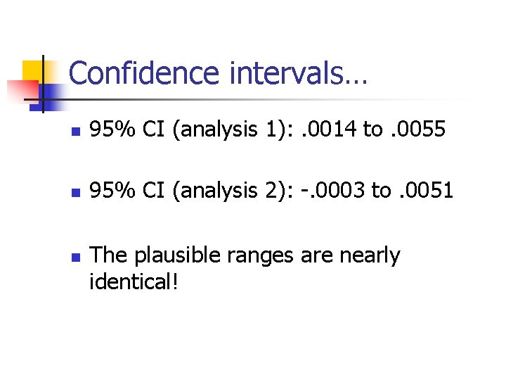 Confidence intervals… n 95% CI (analysis 1): . 0014 to. 0055 n 95% CI